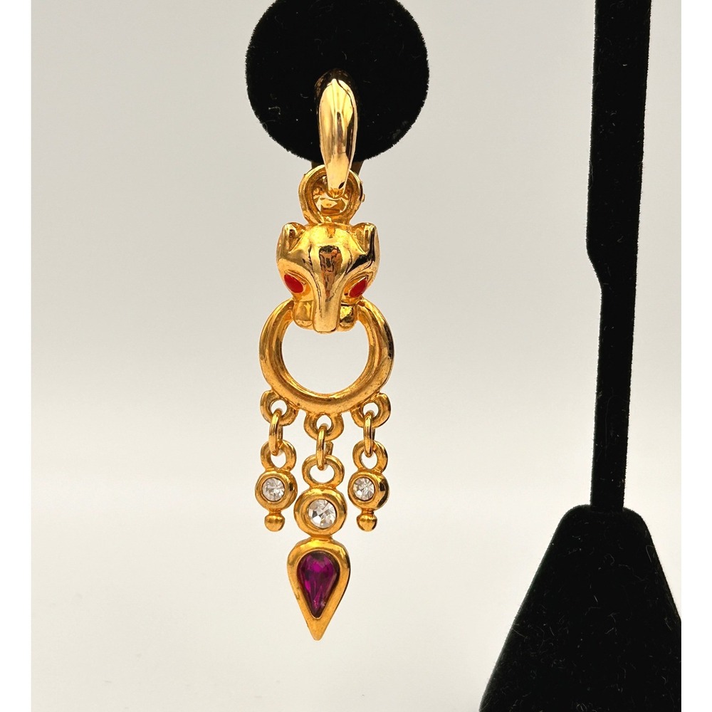 VTG Gold Panther Door Knocker Clip On Earrings Red Eye Faux Ruby Chandelier Drop
